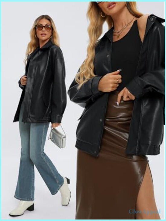 Oversized Faux Leather Motorcycle Jacket with Zipper Closure Long Sleeve - Picture 5 of 5